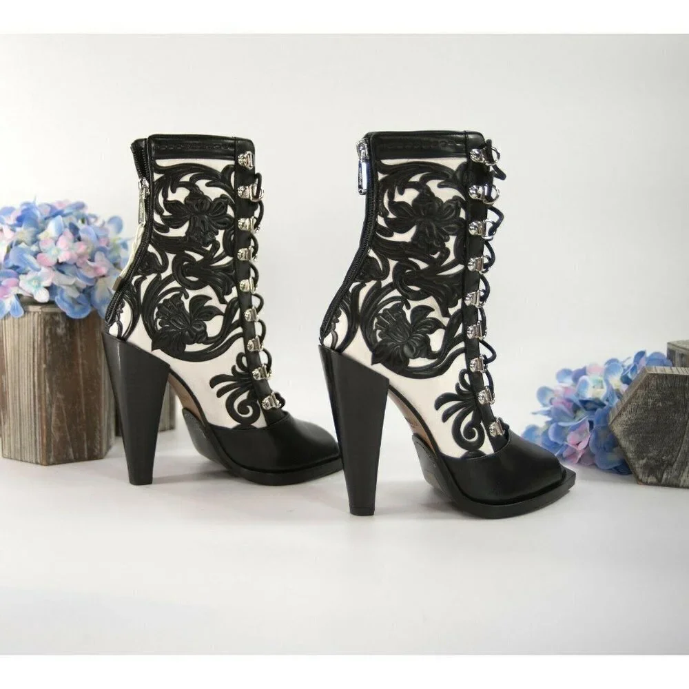 Balmain Floral Tooled Leather Lace Up Boots 37 - Picture 5 of 11